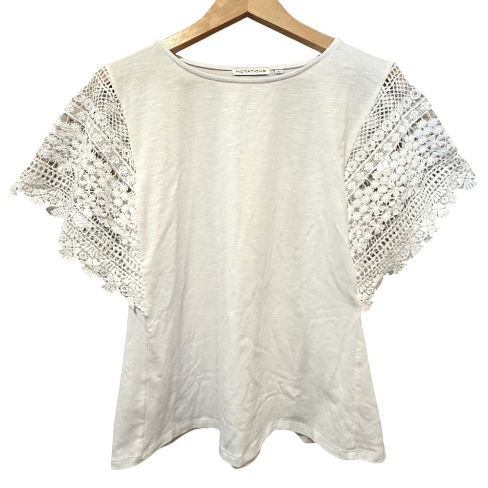 Notations Womens White Crochet Lace Flutter Sleeve Slub Knit Top Large